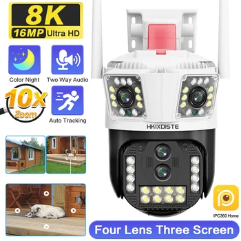 8K 16MP Dört Lens 10X Zoom WİFİ PTZ Kamera 4K Üç Ekran Açık AI İnsan Otomatik İzleme Güvenlik CCTV gözetim kameraları
