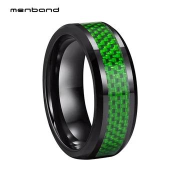 8mm Tungsten karbür halkalar Erkekler Kadınlar için Düğün Band Yeşil Karbon Fiber Kakma moda takı Eğimli Konfor Fit