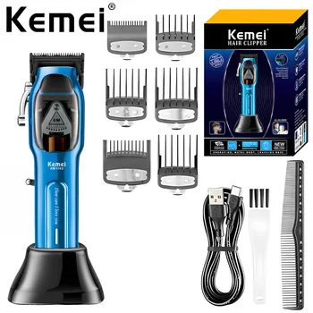 9000RPM Kemei KM-1763 Profesyonel Saç Kesme Makinesi ile şarj standı Saç Düzeltici Makinesi Şeffaf Saç Kesme Makinesi Erkekler için