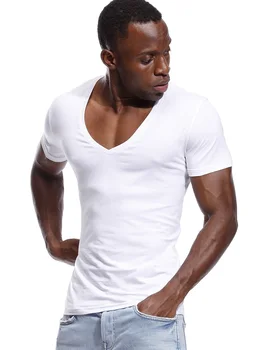 A2165 Derin V Boyun T Gömlek Erkekler için Düşük Kesim V Boyun Geniş Vee Tee Erkek Tshirt Görünmez Fanila Modeli Kepçe Hem Slim Fit