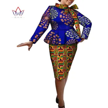 Afrika 2 Parça Set Kadınlar için Afrika Baskı Giyim Kısa Kalem Etekler Üstleri Ofis Kadın Bayan Kıyafetler Seti WY2197