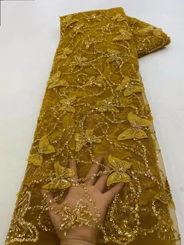 Afrika Nijeryalı pembe Aplike Çiçek 3D Dantel Kumaş Düğün Gelin Fransız Tül Lüks Sequins İnciler Boncuklu Dantel Kumaş