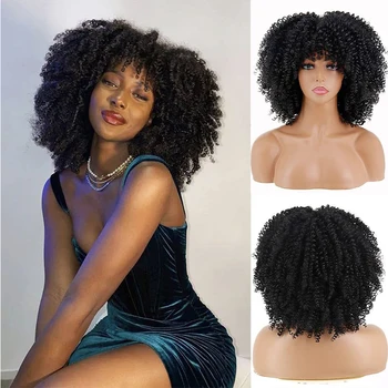 Afro Kıvırcık Peruk Siyah Kadınlar için Kısa Kinky Kıvırcık Peruk Patlama ile 14 inç Doğal Siyah Afro Saç Sentetik Elyaf Cosplay Peruk