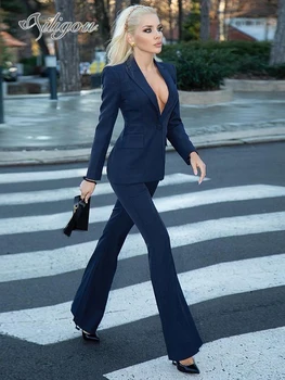 Ailigou 2023 Yeni Set Blazer kadın Seksi Donanma Ceket Bir Düğme Flare Pantolon İki Parçalı Ofis İş kadın Takım Elbise