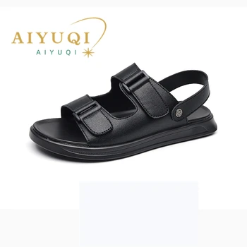 AIYUQI Sandalet Erkekler Yaz 2023 Yeni Açık Sürüş Erkek Sandalet Hakiki Deri Moda Düz Rahat plaj ayakkabısı Erkekler