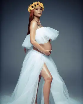 Akşam hamile elbiseleri Elbiseler Fotoğraf Çekimi İçin Custom Made Seksi Straplez Yüksek Yan Bölünmüş Dantel Tül Ruffled Hamile Kıyafetleri