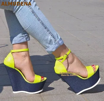 ALMUDENA Mavi Denim Kama Topuk platform sandaletler Seksi Neon Sarı Toka Kayış Ziyafet Ayakkabı Lüks burnu açık elbise Pompaları US14