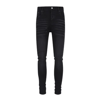 AM Lüks Marka erkek Kot Streetwear Denim Rahat Streç Pamuk Düzenli Fit Siyah Uzun Pantolon Moda Düz Sıska Pantolon