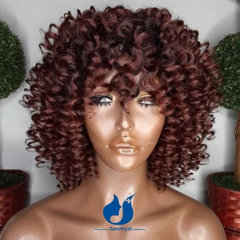 Ametist Koyu Kırmızımsı Kahverengi Afro kıvırcık insan saçı kahküllü peruk Bob Peruk Kıvırcık Remy Saç Yok Dantel Tam Makine Peruk Tutkalsız