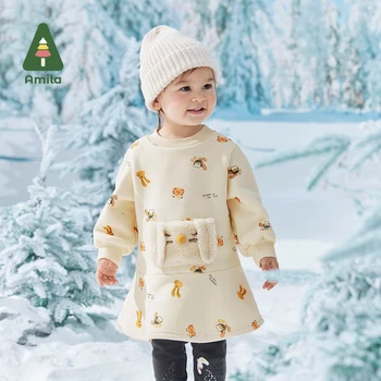 Amila Bebek kız elbisesi 2022 Kış Yeni Sevimli Karikatür Baskı Etek Kanguru Cep Yumuşak ve Rahat Giysiler