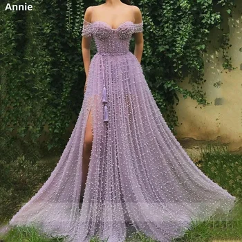 Annie Boncuklu 2023 فساتين السهرة Lüks Kapalı Omuz Balo gece elbisesi Seksi Yan Yarık Vestidos De Noche