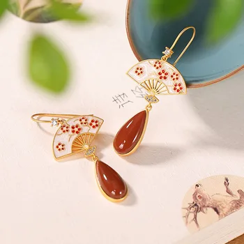 Antik altın zanaat Güney kırmızı turmalin Çiçeği Fan küpe kadınlar için Çin tarzı zarif su damlası Eardrop takı