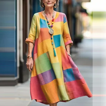 Artı Boyutu Elbiseler 2023 Yaz Yeni Avrupa ve Amerikan Dış Ticaret Gevşek kadın Moda Yuvarlak Boyun Baskılı uzun elbise Kadın
