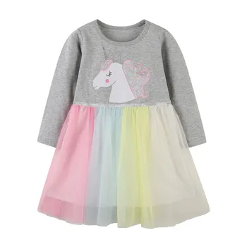 Atlama Metre Unicorn Nakış çocuk Parti Tutu Elbiseler Sıcak Satış Kızlar Pamuklu giysiler Uzun Kollu Doğum Günü Frocks