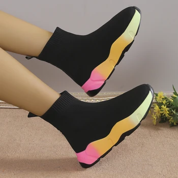 Ayakkabı Kadın Botları Örme Çorap kadın Kalın tabanlı Kısa Tüp Nefes Artı Boyutu Çizmeler platform patik Topuklu