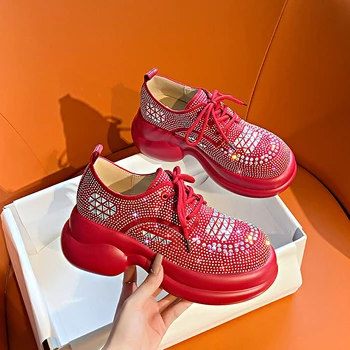 Ayakkabı Kadınlar için 2023 Moda Yaz Tam Elmas Vintage Renk Blok Ayakkabı Kalın Taban Yükseltilmiş rahat ayakkabılar Kadın Ayakkabı