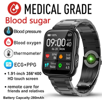Ağrısız Non-invaziv Kan Şekeri akıllı saat Erkekler EKG PPG Bluetooth İzle Sağlık Kan Basıncı Spor Smartwatch GlucometerWatch
