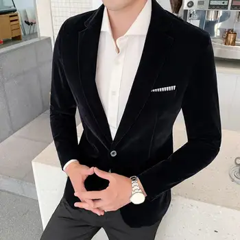 Bahar Erkekler Blazer Düz Renk Yatak Açma Yaka Uzun Kollu Slim Fit Tek Düğme Kadife Takım Elbise Ceket Düğün Yaka Takım Elbise Ceket