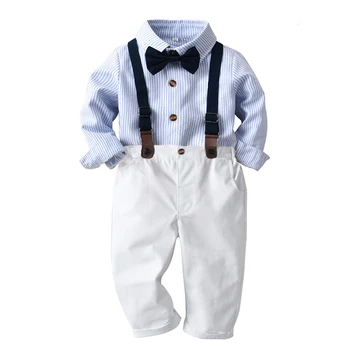 Bahar Çocuk Giysileri Yürümeye Başlayan Çocuk Seti Çizgili Gömlek Yay + Beyaz Pantolon + Kemer 4 ADET Uzun Kollu Kıyafetler Çocuklar Hediye