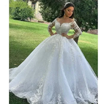 Balo Prenses Gelinlik O Boyun Dantel Aplikler Boncuklu Uzun Kollu gelinlik kadınlar için vestidos de novia 2022