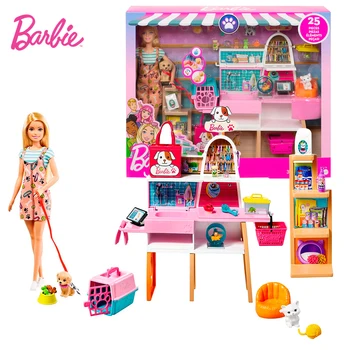 Barbie Sarışın Bebek evcil hayvan malzemeleri Mağaza Seti Butik Mağaza Playset 4 Evcil Hayvan Aksesuarları Kız Oyun Evi Oyuncak Hediye GRG90