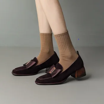 Basit ayakkabı Kadın Kalın Topuk Kare Ayak Papyon Loafer'lar Üzerinde Kayma Bahar Sonbahar Sheepsuede Pompaları Retro Fransız Tarzı Kadın Pompaları