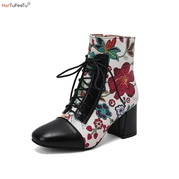 Baskı Kızlar yarım çizmeler Sonbahar Kış Lolita topuklu ayakkabılar Kadın Deri Ekleme kısa çizmeler