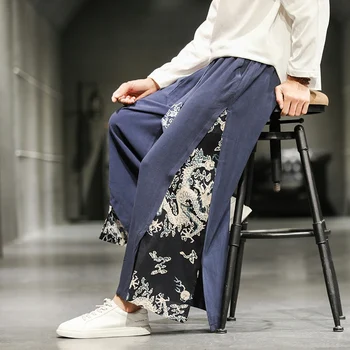 Baskı Pantolon Bel Geniş 2023 Erkekler erkek Gevşek Elastik Keten Vintage Erkek Çin Tarzı Streetwear Harajuku