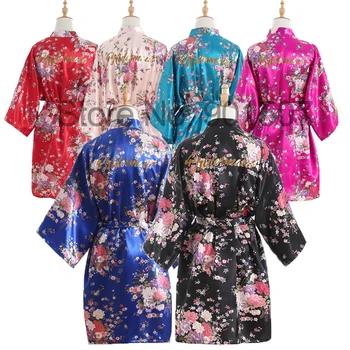 Baskı Saten Gecelik Kimono Gelin Nedime Düğün Elbise Yarım Kollu Ev Giyim Pijama Kısa Rahat Bornoz Elbisesi