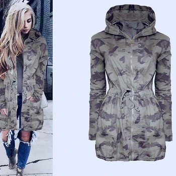 Bayan Casual Uzun kapüşonlu ceket Ceket Gevşek Fermuar Ordu Kamuflaj Dış Giyim Streetwear