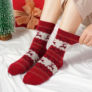 Bayan noel hediyesi Çorap Noel Altın Elk Kar Tanesi Kalınlaşmış Sıcak Vintage Tavşan Yün Karışık Orta Tüp Çorap 3 Pairs