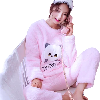Bayanlar Pijama 2 adet Kalın Pazen Pijama Kadın Moda Eğlence Kıyafeti Uzun Kollu Kazak Mercan Polar Gecelik D-1080