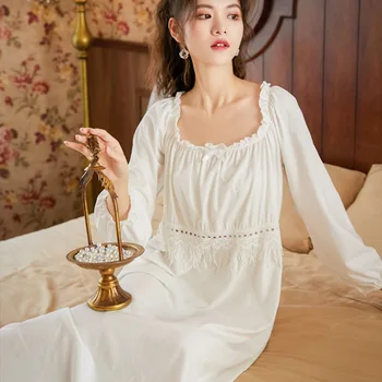 Bayanlar Vintage Uzun Nightgowns Saray Uzun Kollu Pijama Kadın Dantel Gecelik Seksi U Boyun Kıyafeti Gece Gömlek Sabahlık