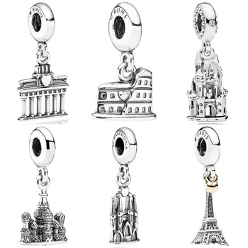 Berlin Brandenburg Kapısı Roma Colosseum Eyfel Kulesi Kolye Boncuk 925 Ayar Gümüş Takılar Fit moda bilezik DIY Takı