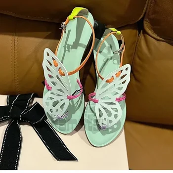 Beyaz Kelebek Şerit Sandalet Kadınlar için 2023 Yaz Yeni Moda Çok Yönlü Klip Ayak Düğmesi Düşük Topuk düz ayakkabı Boyutu 35-40