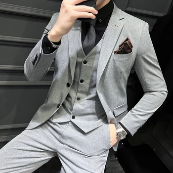 (Blazer + Yelek + Pantolon ) butik Moda Düz Renk erkek İnce Rahat takım elbise Üç parçalı Set Damat düğün elbisesi Parti