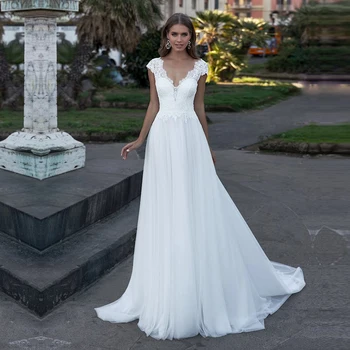 Bohemian düğün elbisesi V Yaka Cap Sleeve Bir Çizgi Boho Basit gelinlikler vestido de noiva 2023 Zarif Artı Boyutu Gelin Elbiseler