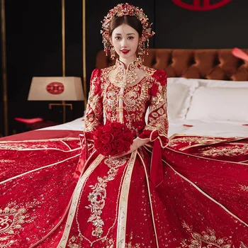Boyutu 6XL Lüks Sequins Nakış Yay Aplike Saten düğün elbisesi Zarif Evlilik Tost Giyim gece elbisesi Cheongsam