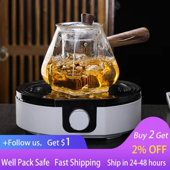 Cam Pot Filtre Ahşap Saplı Çin Çay Töreni Şeffaf Teawear Setleri Fincan Yüksek Bor Silikon Janpanese Demlik 750 ML