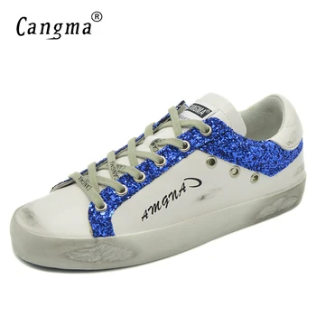 CANGMA Lüks Marka Tasarımcı Ayakkabı Kadın düz ayakkabı Beyaz Kızlar Mavi Payetli Kadın Vulkanize Spor Ayakkabı Kadın 2021