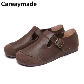 Careaymade-Hotsale, Saf El Yapımı Hakiki Deri Retro kadın ayakkabısı, Sanatsal tarzı Kemer Tokası rahat loafer ayakkabılar