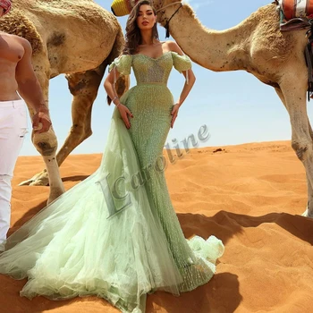 Caroline Dubai Zarif Süpürgelik Trompet Tül Lüks Ünlü Elbisesi Gece Elbisesi Kapalı Omuz Özelleştirilmiş Elbiseler De Soirée