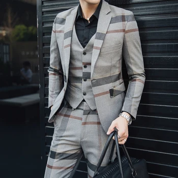 Ceket Yelek Pantolon 2023 erkek Moda Butik Çizgili Düğün Takım Elbise Üç Adet Set Erkek İş Casual Blazers Ceket Pantolon