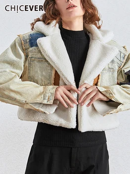 CHICEVER Asimetrik Patchwork Denim Palto Kadınlar İçin Yaka Uzun Kollu Colorblock Ceket Kadın 2022 Kış Moda Giyim Yeni