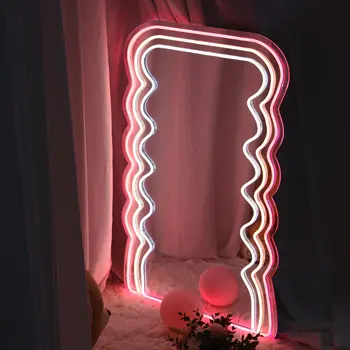 Dalgalı Neon Ayna Kızlar Ev Odası Dekor Ayna İşareti ışık Makyaj Dalga Ayna Gece Lambası Özel Ayna Led Neon Burcu Kawaii
