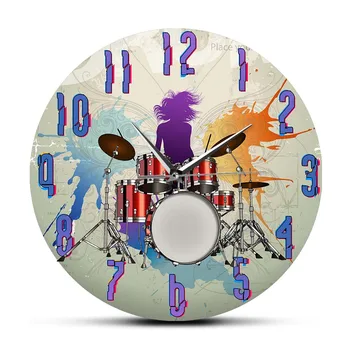 Davulcu Inspired Sıçrama Boya Sanat Baskılı duvar saati Müzik Stüdyosu İçin Davul Seti Rock Grubu Dekoratif Duvar Saati Davul Çalar Hediye