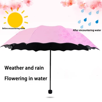 Dayanıklı Güçlü Rüzgar Bayanlar Taşınabilir Şemsiye Rüzgar Geçirmez 3-katlanır Çiçekleri Su Değişiklikleri Renk Anti-Uv Güneş / yağmur Şemsiye