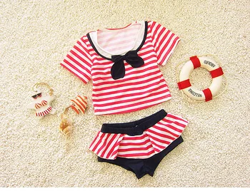 Deniz Tarzı Kırmızı Çizgili Çocuk Kız 2 Parça Yüzme Suit Mayo Üst + Pantolon Yaz Plaj Kıyafeti Mayo SA4025