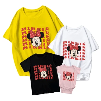 Disney'in Yeni T-shirt Minnie Karikatür Baskı Ebeveyn-çocuk Giyim Üç Veya Dört Yetişkin Unisex Rahat Moda Vahşi Yaz Kısa Kollu