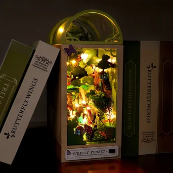 DIY Kitap Nook Kiti Raf Eklemek Minyatür Firefly Orman Evi Ahşap Kitaplık Hayvan Odası Dollhouse Bookend Oyuncaklar Yetişkinler Hediyeler